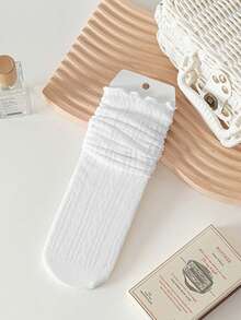 Women's Lace Ruffle Socks, Thin Breathable Mesh Stripe Mid-Calf Socks, Summer - Beige - View 6
