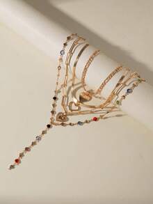 4pcs Minimalist Fashion Copper Metal Chain Pendant Necklace Set, Hollow Heart & Letter Charm Y-Shaped Necklace, Personalized Design With Rhinestones, Suitable For Casual, Party, Date, Gift (Handmade Chain Cut To Size, Rhinestone Quantity Varies) - 30600-nek-g - View 3