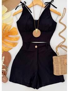 Women's Linen Crop Top And Short Set With Elastane - Summer Elegant Simple Casual Linen Knot Button Zipper Beach Set Holiday Spring Summer - 黑色 - 查看 5