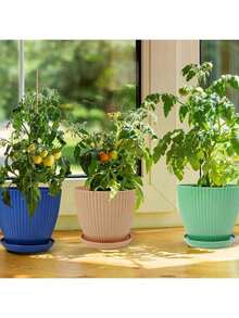 6.Inch Indoor Planter Pots, Plastic Flower Pots With Drainage Hole And Tray Saucer, 6 Pack Outdoor Planters Garden Plants Flowers Succulents, Multicolor Set Multicolor - 彩色 - 查看 4