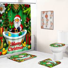 1pc/4pcs Green Christmas Shower Curtain Set: Santa Claus Bathtub Gift Theme, Elegant Housewarming Shower Curtain Gift, Modern Home Bathroom Decor Curtain, Shower Curtain With 12 Hooks, Non-Slip Bath Mat, U-Shaped Toilet Mat, Toilet Lid Cover, Bathroom Decor Set