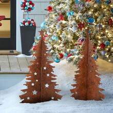 1 pieza Decoración de silueta de árbol de Navidad rústico, decoración de escritorio para jardín, patio, artesanía de metal vintage