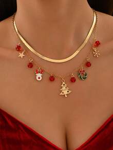 1pc Christmas Celebration Double Layer Women's Pendant Necklace, Fashionable Metal Flat Snake Chain With Christmas Tree, Bell, Wreath, Reindeer Multi-Element Pendant Combination Choker, Holiday Party Elegant Gift Jewelry