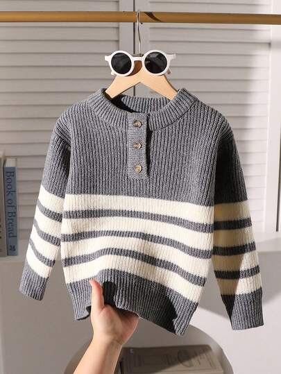 1pc Fashionable Crew Neck Striped Chunky Knit Gray Cable Sweater, Autumn/Winter