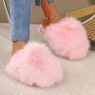 Plus Size Fashion Slip-On Flat Fuzzy Slippers, Closed Toe Faux Fur Mules, Autumn/Winter