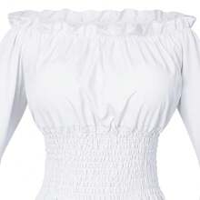 Womens Renaissance Victorian Peasant Ruffle Smocked Waist Boho Pirate Shirt Blouse With Belt Set{"Size_name":"XX-Large","Color_name":"White"} - White - View 8