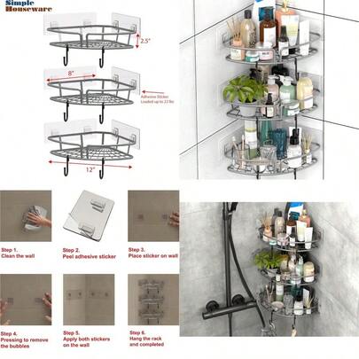 SimpleHouseware Bathroom Adhesive Wall Mount SingleTier Corner Shower Caddy 3 Tier Sier Set Of 3