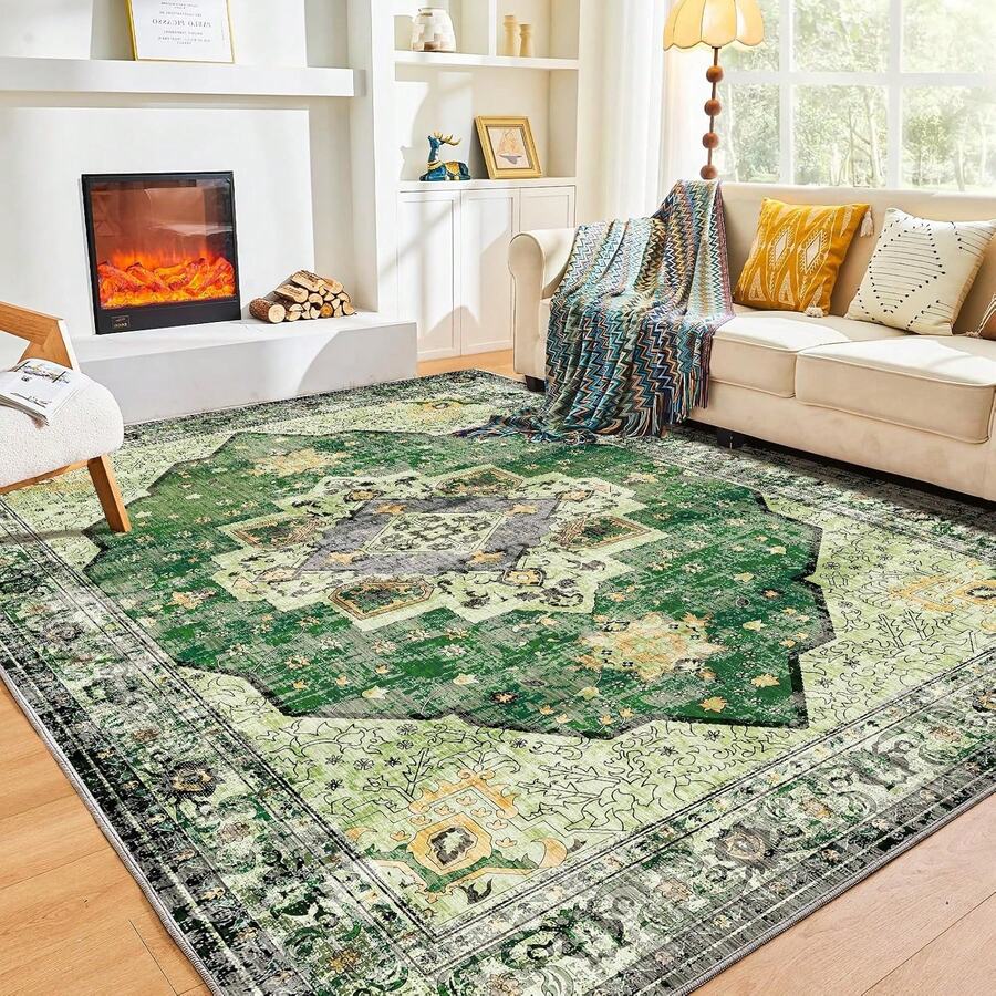Soft Neutral Area Rugs 5x7, Washable Rug With Non Slip Backing, 5 X 7 Faux Cashmere Low-Pile Carpet, Cream White & Blue & Light Brown, 2025 Design - Green & Yellow - View 1