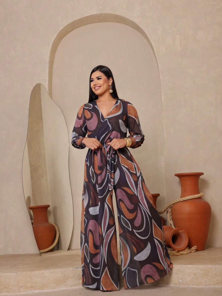 Long Sleeved Micro Tulle Jumpsuit With Drop Print - 鏽棕色 - 查看 1