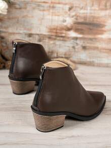 复古英伦风格白色女靴，春秋季，中跟，尖头，粗跟，踝靴 - 棕色 - 查看 5