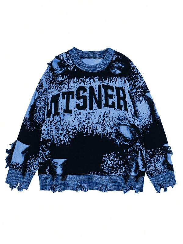 1 peça de suéter americano com franjas contrastantes e furos, suéter de malha plus size