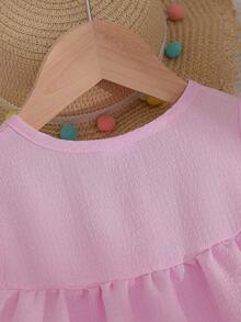 女童夏季休闲连衣裙，圆领无袖荷叶边下摆背心式无袖时尚优雅连衣裙 - 淺粉色 - 查看 4