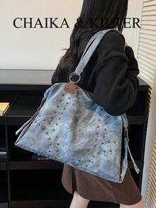 CHAIKA & KILTER 1 chiếc Túi đeo vai bằng vải PU trơn màu, Túi tote cổ điển thường ngày cho nữ, Túi đựng sách cho sinh viên đại học, Trang trí bằng đường khâu và đinh tán, Thiết kế quai xách đôi, Khóa kéo, Thích hợp cho việc mua sắm hàng ngày - Màu xanh lam - Xem 5