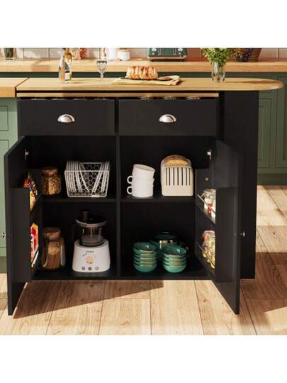 360° Rotating Dining Table, Modern, Multifunctional Storage, Bedroom, Living Room, Sideboard Cabinet Drawers, Doors, Side Shelves, Zwart view 5