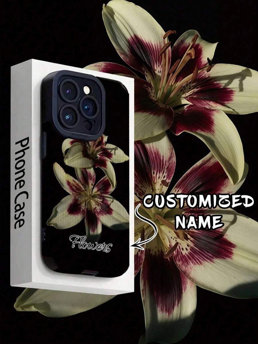 1pc Customized Name, 2 Minimalist Lily Flower Pattern, Vertical Toothpick Texture PU Leather Anti-Fall Anti-Fingerprint TPU Soft Case Compatible With Iphone 16ProMax/15Pro/14 Plus/13 Pro/12 Pro Max/11/7P/XS/XR And Phones - Multicolor - View 1