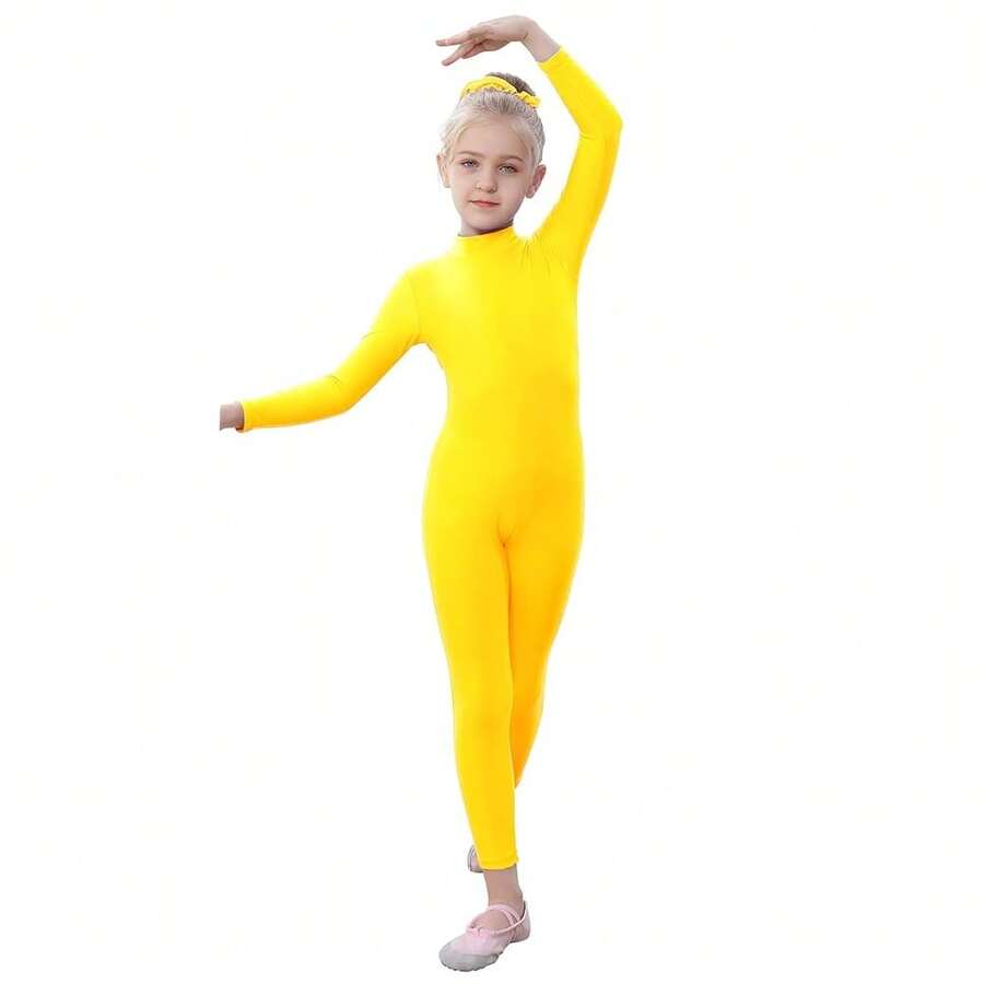 YgneeDom Kids Girls One Piece Spandex Unitards, Long Sleeve Turtleneck Unitard, Full Body Catsuit, Dance Leotard Costumes{"Color_name":"Yellow","Size_name":"Large"} - 黃色 - 查看 1