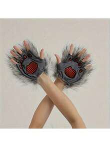 1 双毛绒狼爪手套，圣诞化装舞会道具，独特的狼爪手套 - 灰色 - 查看 5