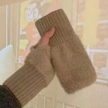 1 Paar Mink-Fleece weiche Winter Halbfinger Handschuhe für Damen, warm, luxuriös, einfarbig weiß, flauschig gestrickt, fingerlos, Handgelenkstulpen - Verschiedenfarbig - Übersicht 8
