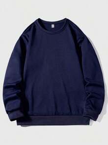 Christmas Outfit Womenchristmas Outfit WomenMen's Solid Color Pullover Sweatshirt, Casual Everyday Wear, For FallLoose And Comfortablewomen Winter Clotheswinter Clothes For Women - Navy Blue - 查看 3