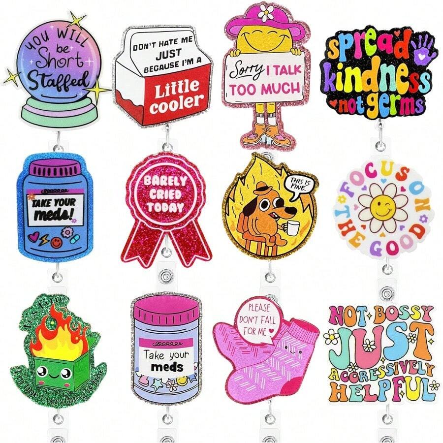 12 PCS Funny Badge Reels Bulk Cute Nurse Badge Holders Retractable Id Clip Colorful Nursing Medical Asssitants RN LPN CNA Buddy Accessories For Work - 趣味徽章捲軸散裝 - 查看 1