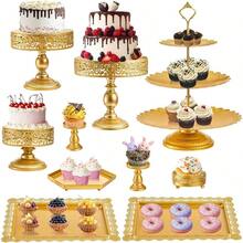 10 Pieces Gold Metal Cake Stand Set, Cupcake Holder Pastry Candy Fruits Serving Plate, Gold Dessert Table Stands And Trays Set Wedding Birthday Shower Bridal New Year Party - Vàng - Xem 1