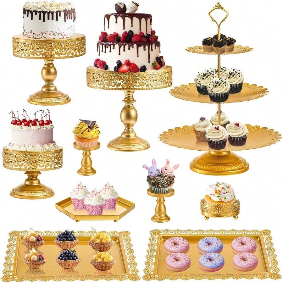 10 Pieces Gold Metal Cake Stand Set, Cupcake Holder Pastry Candy Fruits Serving Plate, Gold Dessert Table Stands And Trays Set Wedding Birthday Shower Bridal New Year Party - Vàng - Xem 1