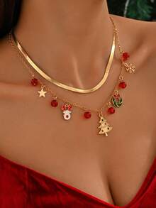 1pc Christmas Celebration Double Layer Women's Pendant Necklace, Fashionable Metal Flat Snake Chain With Christmas Tree, Bell, Wreath, Reindeer Multi-Element Pendant Combination Choker, Holiday Party Elegant Gift Jewelry