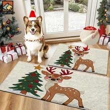 1pc/2pcs Christmas Deer With Tree Pattern Bathroom Anti-Slip Mat, Faux Cashmere Material, Plush Decoration Suitable For Bathrooms, Doorways, Kitchens & Festive Decorations, Machine Washable, Gift Idea