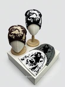 1 pieza Gorro de punto con diseño de retrato de rapero de otoño/invierno, accesorio de gorro con puño de estilo callejero estadounidense de hip hop unisex para mantener la cabeza caliente en invierno