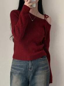 不对称露肩系带蝴蝶结设计百搭针织毛衣上衣，女士休闲时尚，圣诞节