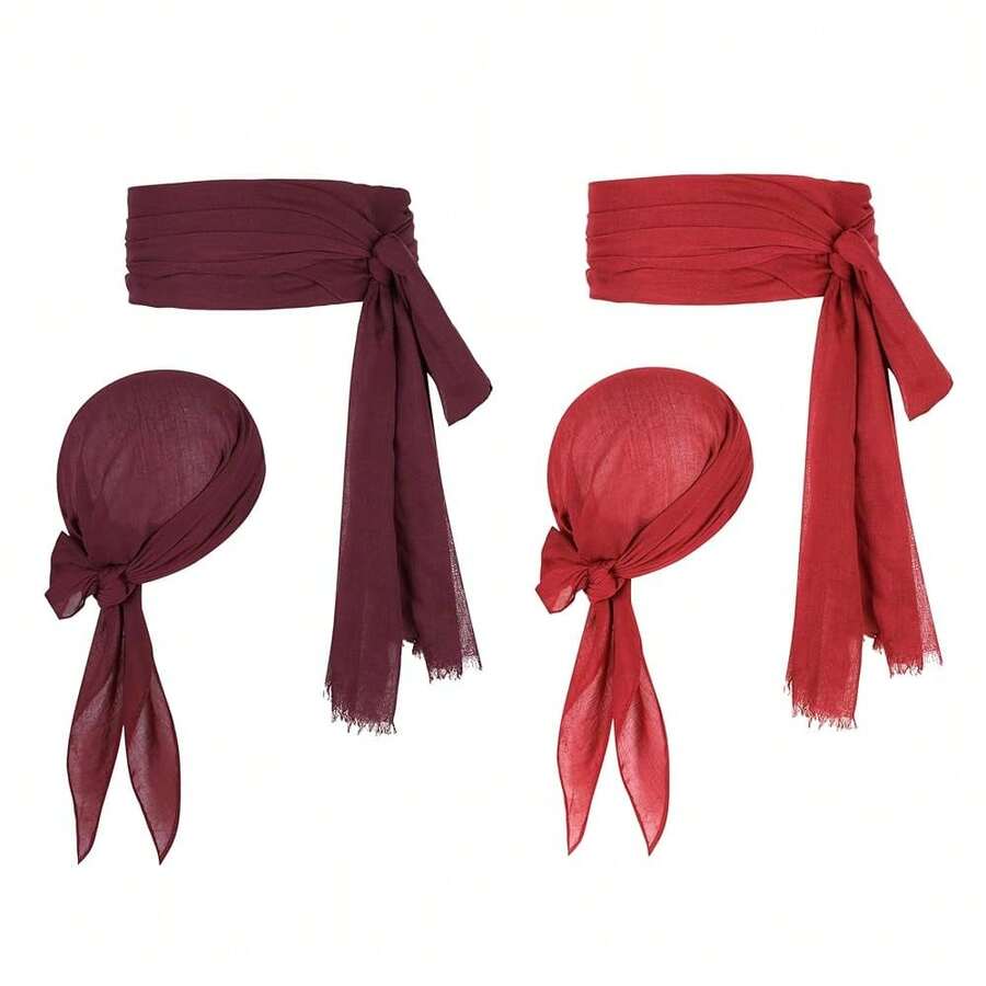 Zando Pirate Accessories Women Men Teens - Pirate Bandana Head Scarf Hat Belt Sash For Halloween Renaissance Themed Cosplay{"Size_name":"OneSize","Color_name":"02WineRed&Red"} - 02酒紅色&紅色 - 查看 1