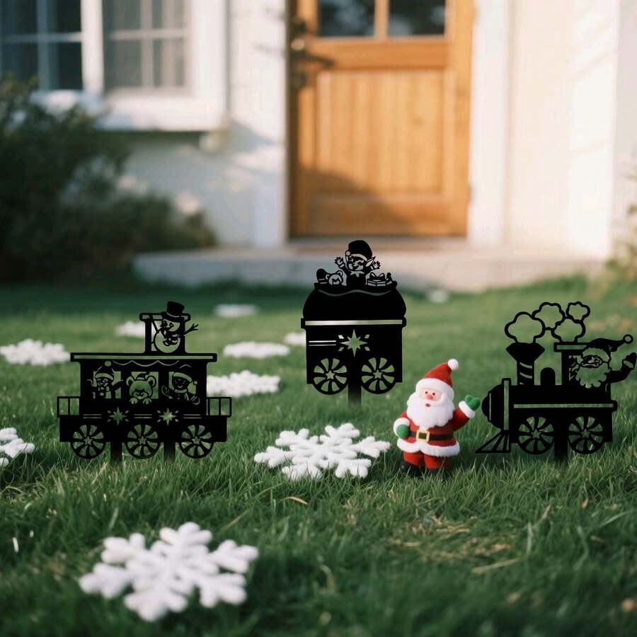 3pcs Christmas Train & Nature Dance, Weaving Holiday Symphony For Your Yard - Black - View 1