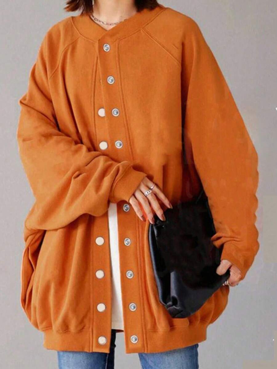 Plus Size Knit Long Sleeve Shirt-Style Cardigan, Button Front, Regular Length, For Women, Slightly Stretchy Fabric - Orange - View 1