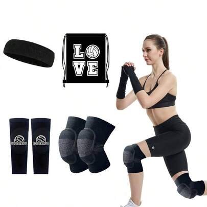 4 piezas Rodilleras De Voleibol, Rodilleras De Voleibol Y Mangas De Brazo De Voleibol, Voleibol Mangas de Brazo, Arns Deportivo para el Pelo, Bolsa Almacenamiento, para Deportes Aire Libre, Correr, Gimnasio Negro