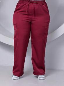 PLUS SIZE WIDE LEG HIGH WAIST PANTS WITH CARGO POCKET - 酒紅色 - 查看 3