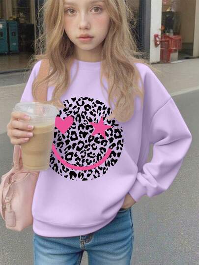 1 Girl's Long Sleeved Round Neck Pullover With A "Smiling Face" Print Pattern, Providing A Comfortable, Stylish, And Casual New Autumn/Winter Season Top For Young Girls/Tween Girls/Teen Girls,Patterned Sweatshirts,Warm