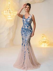 Elegantes Damen Maxikleid mit Pailletten-Patches im Meerjungfrauenstil, glänzendes Blau, geeignet für Gala, Jubiläum, Cocktailparty, Frühling/Sommer/Herbst/Winter