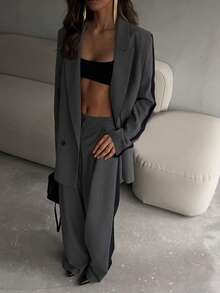 2Pcs Women Casual Business Loose Suit Set Contrast Color Blazer Jacket And Elastic Waist Straight Leg Pants Set, Summer/Spring, Elegant Style For Office Work Lady, Fashion For Informal Commuting - Grey - View 3