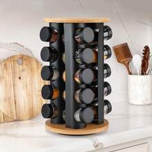 EliteHoff Obrotowy karuzelowy stojak na przyprawy – czarny stojak na przyprawy z bambusem (20 słoików na przyprawy) - Schwarz - Übersicht 3