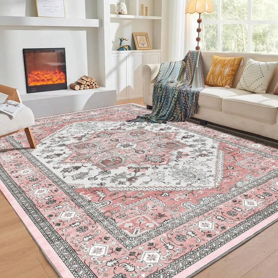 Soft Neutral Area Rugs 5x7, Washable Rug With Non Slip Backing, 5 X 7 Faux Cashmere Low-Pile Carpet, Cream White & Blue & Light Brown, 2025 Design - Pink - View 1