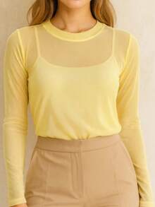 Tulle Busa Long Sleeve Pastel Colors Candy Color Spring Color Block - 黃色 - 查看 1