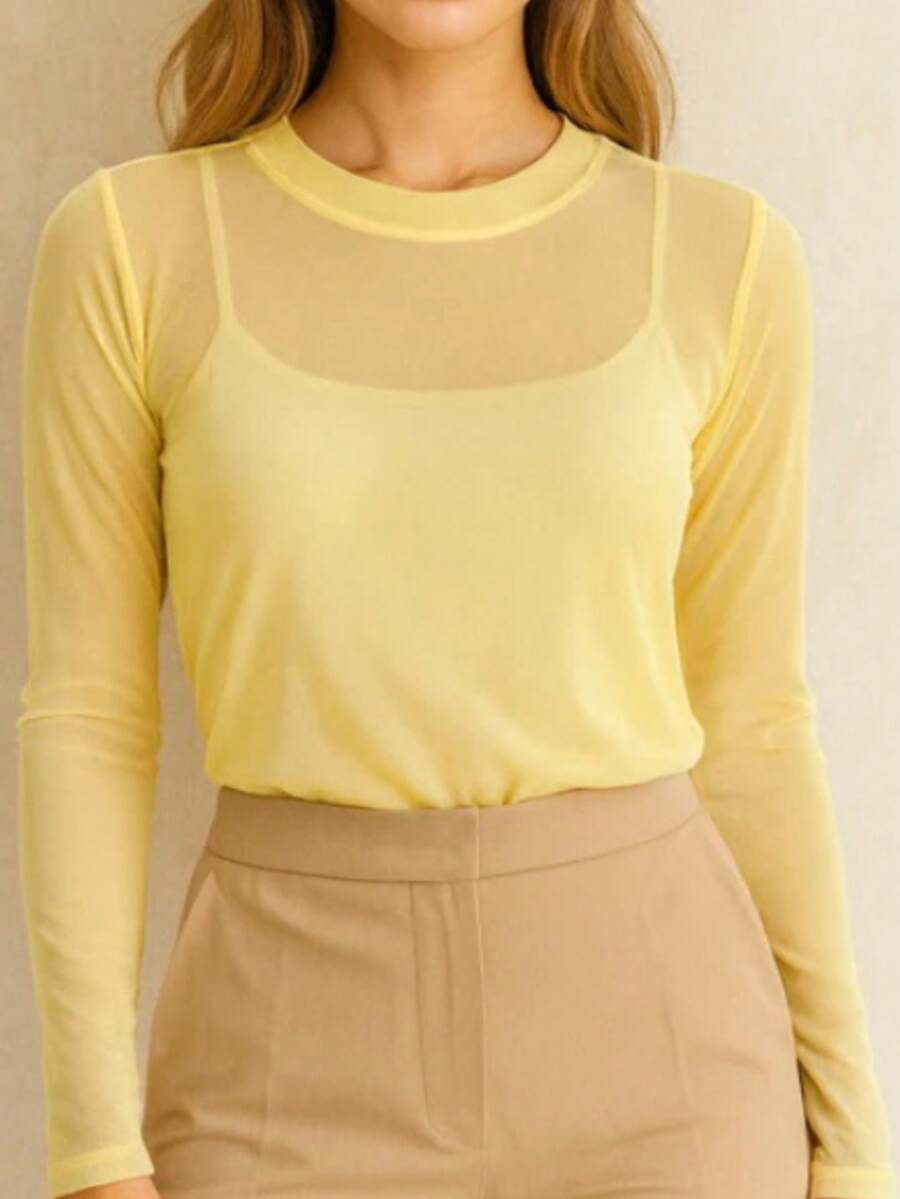 Tulle Busa Long Sleeve Pastel Colors Candy Color Spring Color Block - 黃色 - 查看 1