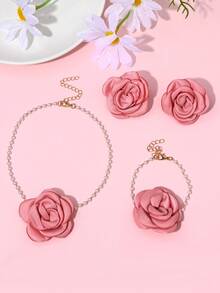 1 套耳环 + 1 条项链 + 1 条手链，法式复古优雅玫瑰花仿珍珠项链、手链、耳环首饰套装，适合女性日常、宴会、婚礼、伴娘、派对穿着，四季皆宜，节日礼物 - 首飾套裝 - 查看 13