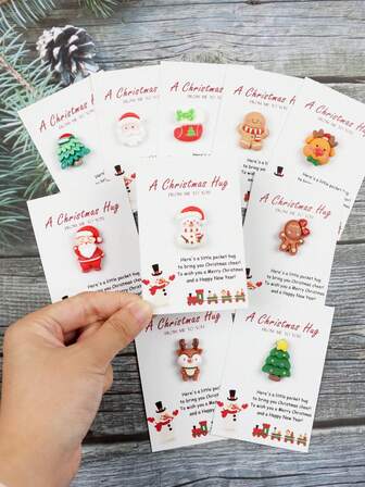 10pcs Mini Hug Christmas Cards With 10 Resin Charms Cards, Featuring Santa, Stocking, Deer, Star, Cookie Designs & "A Christmas Hug" Message - Festive Cheer Gift For Friends, Family, Soulmates - Perfect For Christmas
