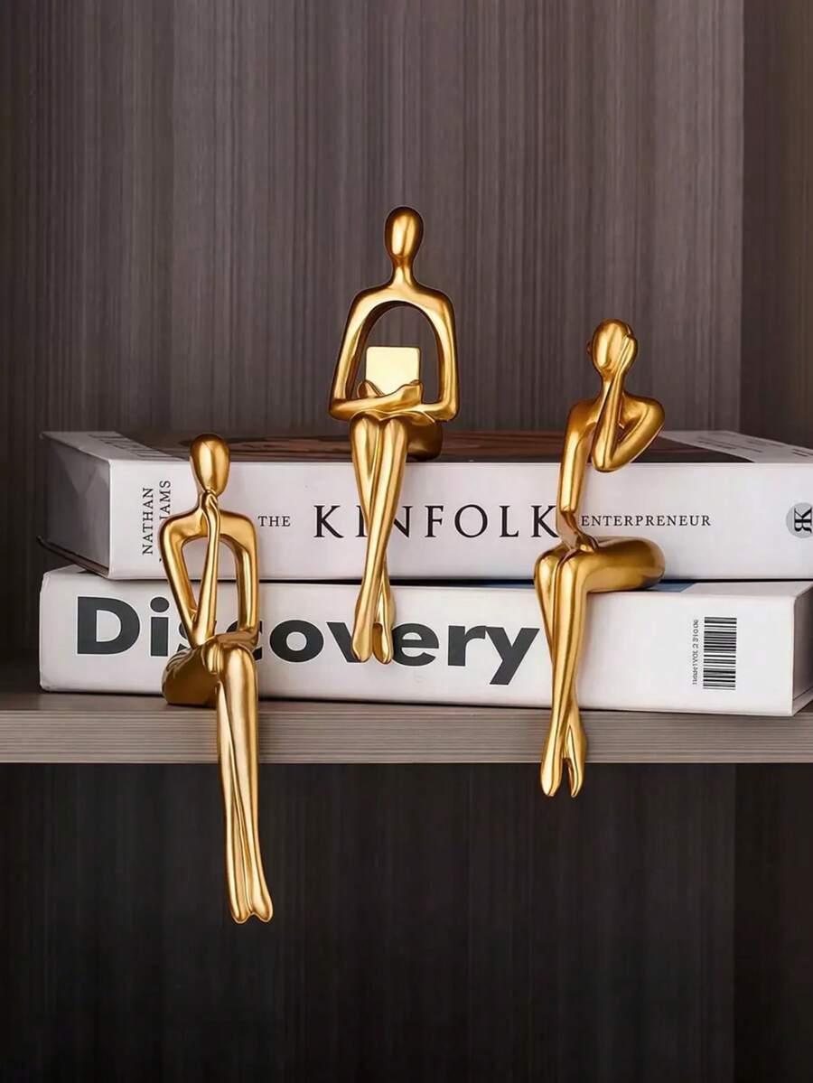 3pcs Gold Thinker Statue Home Decor, Modern Abstract Art Sculpture Decorative Accessories Suitable For Coffee Table, TV Cabinet, Desk, Bookshelf (Gold)