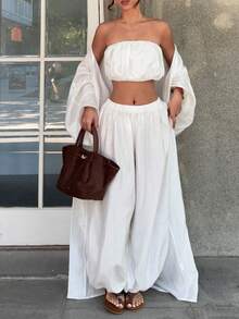 三件套：宽松缎面纹理超长夹克、抹胸上衣和阔腿裤，时尚法式简约风格，适合休闲和度假 - 白色 - 查看 4