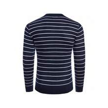Men's Crew Neck Sweater Slim Fit Lightweight Sweatshirts Knitted Pullover For Casual Or Dressy Wear - 橫條紋白色和海軍藍 - 查看 3