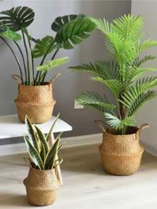 1/3 pièces Panier de rangement abdominal en herbe de mer avec poignées - Décoration de plante naturelle bohème pliable pour plantes d'intérieur, pique-nique, épicerie et linge