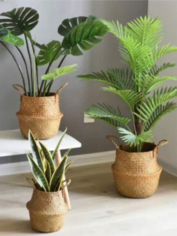 1/3 pièces Panier de rangement abdominal en herbe de mer avec poignées - Décoration de plante naturelle bohème pliable pour plantes d'intérieur, pique-nique, épicerie et linge