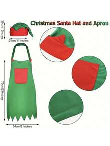 2 Pieces Unisex Christmascostume Set, Featuring A Festive Green Apron With A Red Pocket And A Santa Hat, Perfect For Holiday Party Accessories.
